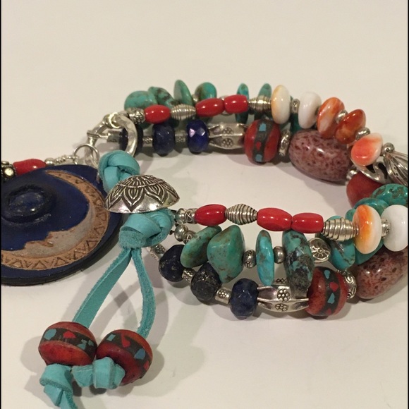 Boho Sundance Style Celestial Gemstone Turquoise Hill Tribe Silver Bracelet - Picture 2 of 10